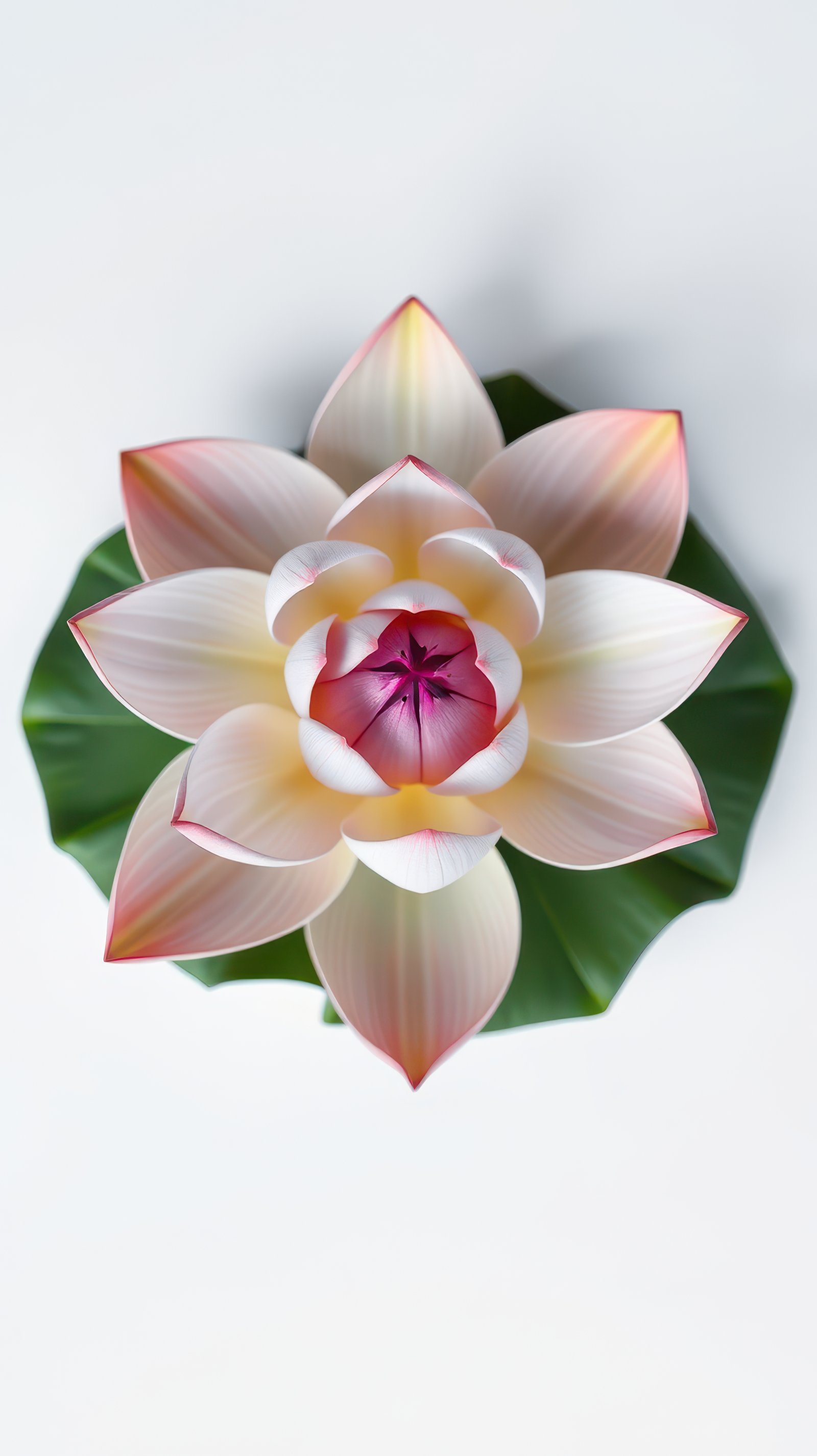 A pink and white lotus flower blooms on a green leaf, captured from above